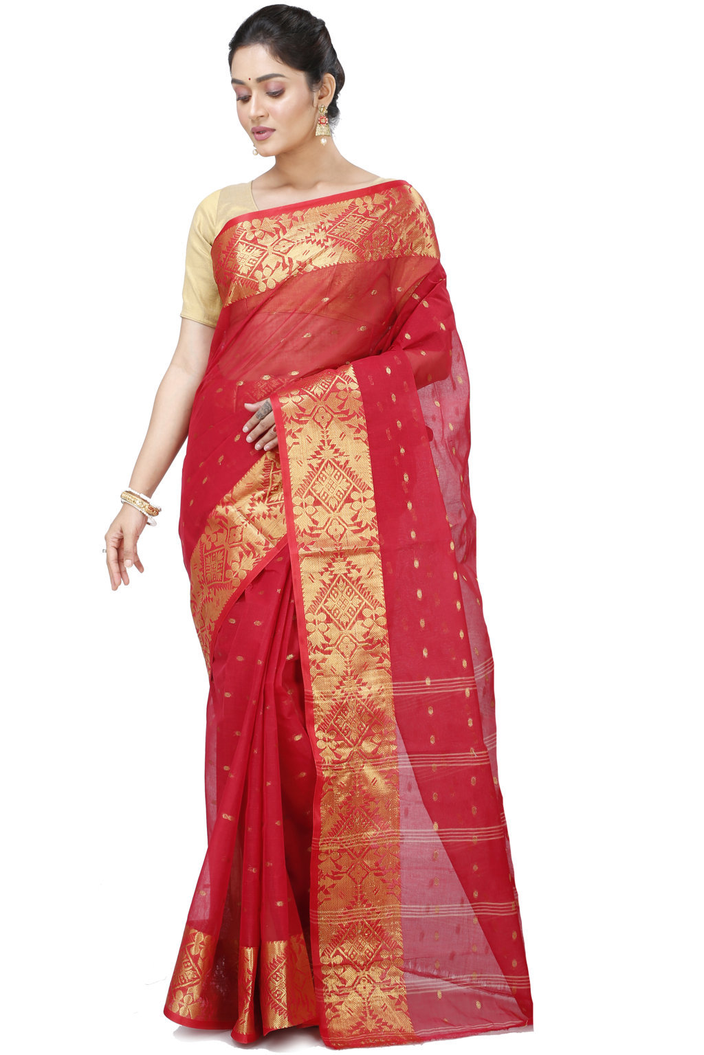 Red Pure Cotton Gopa Tant Saree (927)